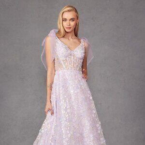 NEW LONG A-LINE SLEEVELESS EVENING DRESS WITH BOWS ON THE TIE STRAPS JT2439K